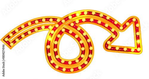 Marquee arrow sign with vintage neon bulb light for circus, casino or carnival promotion. Illuminated red gold retro pointer for theater showtime or broadway billboard. Curved border isolated