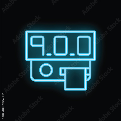 Blue neon icon of a payment terminal processing a transaction on a black background