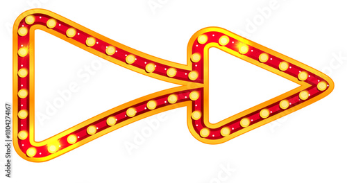 Arrow marquee sign with retro neon bulb light for circus, casino or carnival show. Red gold illuminated vintage pointer for theater billboard or vegas showtime. Curved shape vector isolated