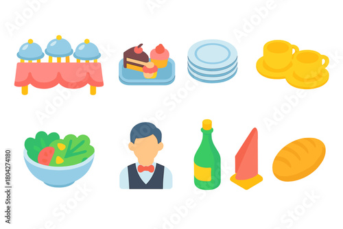 Restaurant, food, beverage icon set. Dining, service icons in a vibrant filled style