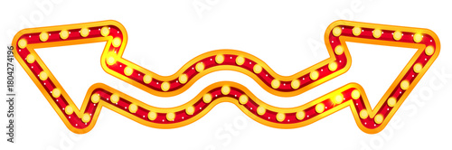 Retro double arrow sign with neon marquee bulb light for carnival, circus or theater showtime. Vintage illuminated pointer in gold style for vegas billboard or broadway show. Curved element isolated