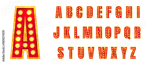 Marquee circus alphabet with neon bulb light for theater, casino or carnival show. 3d red gold letters in retro vintage typography style for hollywood broadway stage. Bright font vector design