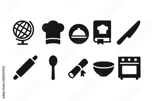 Cooking silhouette icon set: kitchen, food, utensil icons collection for culinary projects