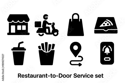 Food delivery, takeout silhouette icon set. Doorstep delivery icons collection