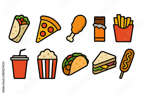 Food and snack flat icon set. Fast food, snacks, and beverage icon collection