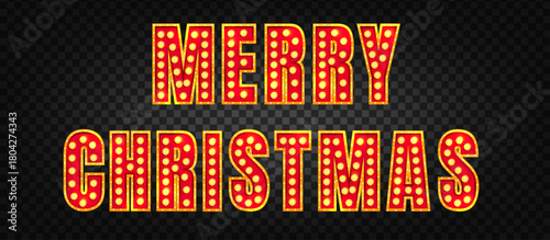 Merry Christmas Broadway text with marquee light bulb. Bright sign for xmas holiday type with led lamp vector effect. Film style typography for theatre or carnival. Shiny letters for signage design.