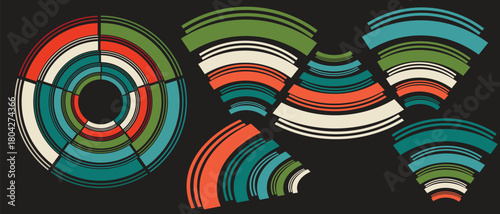 Sunset retro badge and emblem set. Abstract ocean view background inside circles shapes with geometric vintage distressed style. 