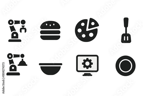 Technology and food silhouette icon set. Robotics, burger, gear, silhouette collection