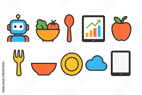 Technology and food flat icon set. Digital, robot, and culinary icons flat collection