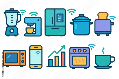 Smart kitchen appliance icon set. Modern technology kitchen devices, outline style
