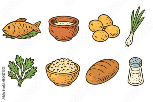 Food ingredients icon set. Hand-drawn, colorful sketches of essential kitchen items