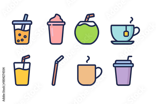 Beverage outline icon set. Bubble tea, coffee, smoothies, juice, coconut drink icons