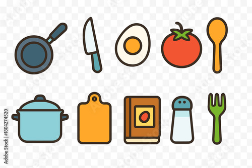 Cooking, kitchen flat icon set. Culinary utensils and ingredients flat icons