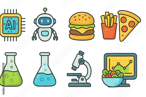 Technology and food flat icon set. Ai, robot, burger, science in flat icons collection.