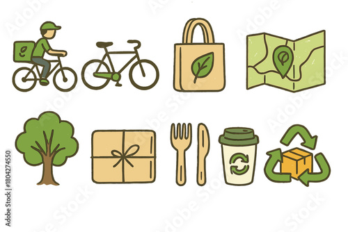 Eco-friendly delivery icon set. Sustainable transport and packaging flat illustration