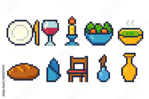 Dining and cooking pixel icon set. Culinary, kitchen, meal preparation icons in pixel style.