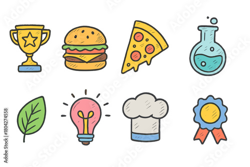 Food and science filled icon set: delicious meals and chemistry icons