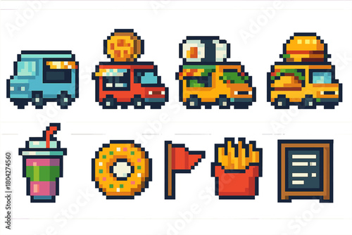 Food truck pixel art icon set. Street food, snack icons in pixel art style collection