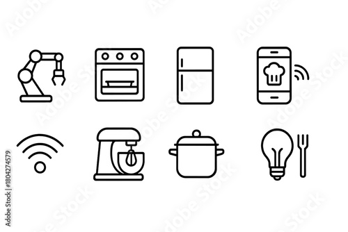 Smart kitchen appliances linear icon set. Wi-fi, automation, cooking line art icons.