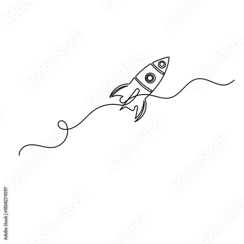 Space rocket launch, continuous line art, minimalist outline vector

