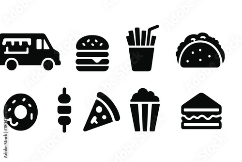 Fast food silhouette icon set. Burgers, fries, tacos, pizza, snacks, street food icons