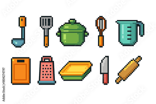 Cooking utensils icon set. Pixel art, kitchen tools flat collection