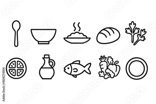 Cooking essentials outline icon set. Kitchen, food, recipe icons collection