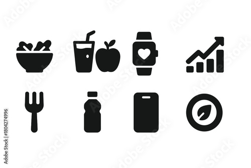 Healthy living solid icon set. Wellness, nutrition, fitness icons solid collection