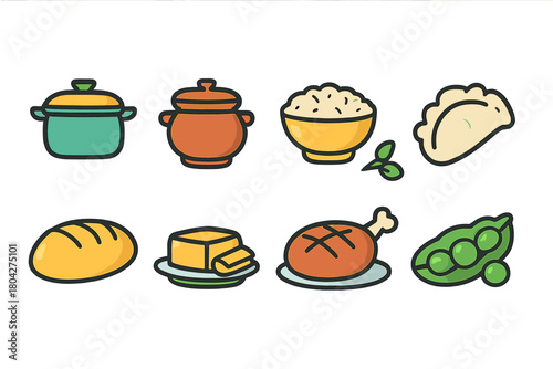 Food and cooking icon set in flat style. Meal, ingredient, cuisine icons collection