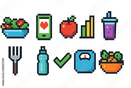 Health and fitness icon set. 8-Bit, retro style icons for wellness and nutrition