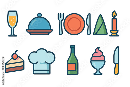 Dining and kitchen filled icon set. Cooking, utensils, kitchenware icons collection.