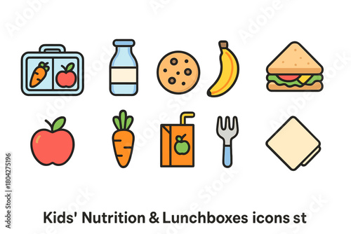 Kids' nutrition flat icon set featuring lunchbox, healthy food, snacks, and drinks