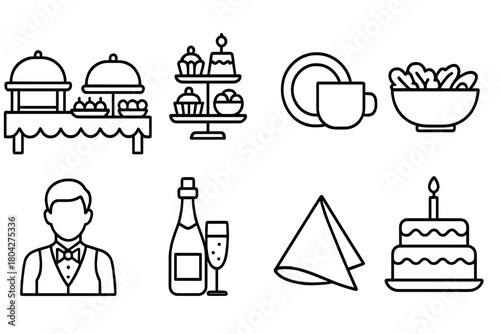 Catering, banquet line icon set. Food, event, dining line art collection