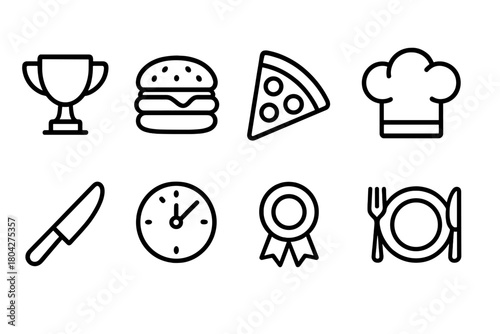 Food and restaurant outline icon set. Chef, dining, kitchen, and cooking icons collection.
