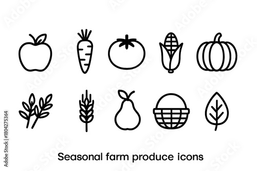 Seasonal farm produce icon set. Vegetable, fruit, harvest outline icons collection