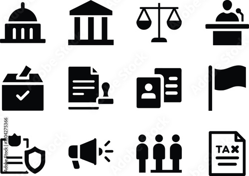 Government icons set in silhouette style featuring law, justice, public service, policy and authority.