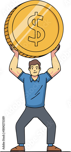 Man holding a large gold coin with a dollar sign, symbolizing wealth and financial success