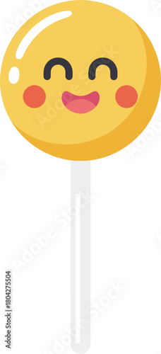 Yellow lollipop with a happy face and rosy cheeks on a white stick Keywords: lollipop, candy