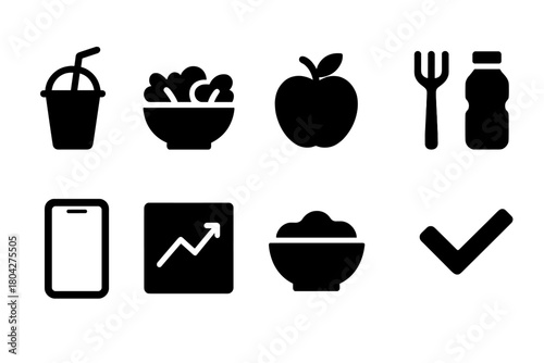 Food and drink solid icon set. Fresh, healthy eating solid icon collection