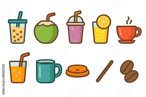 Beverage, drinks flat icon set. Refreshing, juices, coffee icons flat collection