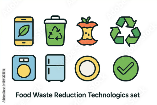 Food waste reduction icon set. Recycling, sustainability icons flat collection