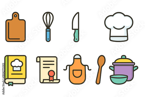 Cooking and kitchen outline icon set: chef hat, utensils, and recipe symbols