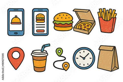 Food delivery, takeout flat icon set. Mobile app, burger, pizza, fries, map icons.