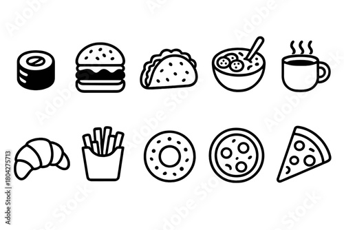 Food and drink solid icon set. Fast food, snacks, and beverages