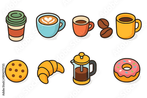 Coffee and cafe filled icon set. Espresso, pastries, and beverage icons collection