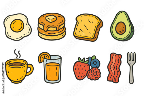 Breakfast food icon set. Hand-drawn flat icons of pancakes, eggs, and more