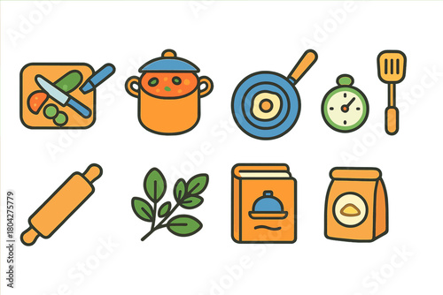 Cooking and baking icon set. Kitchen, recipe tools and ingredients flat style
