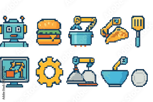 Retro technology and food pixel art icon set. Vintage technology, food pixel collection