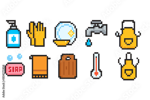 Household cleaning flat icon set. Soap, gloves, faucet, towel, and more flat icons