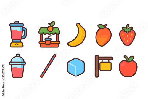 Juice bar flat icon set. Fresh juice and fruit icons flat collection.
